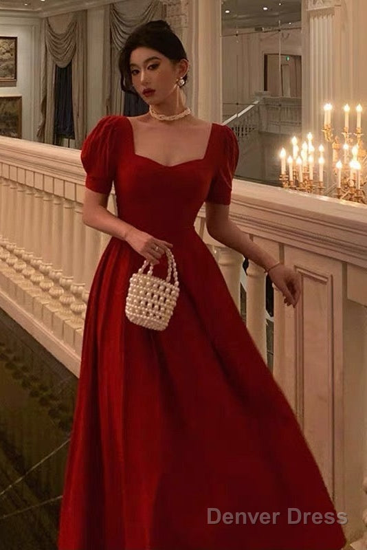 Pretty A Line Square Neckline Red Short Sleeves Date Night Dress Prom Dresses Birthday Prom Outfit