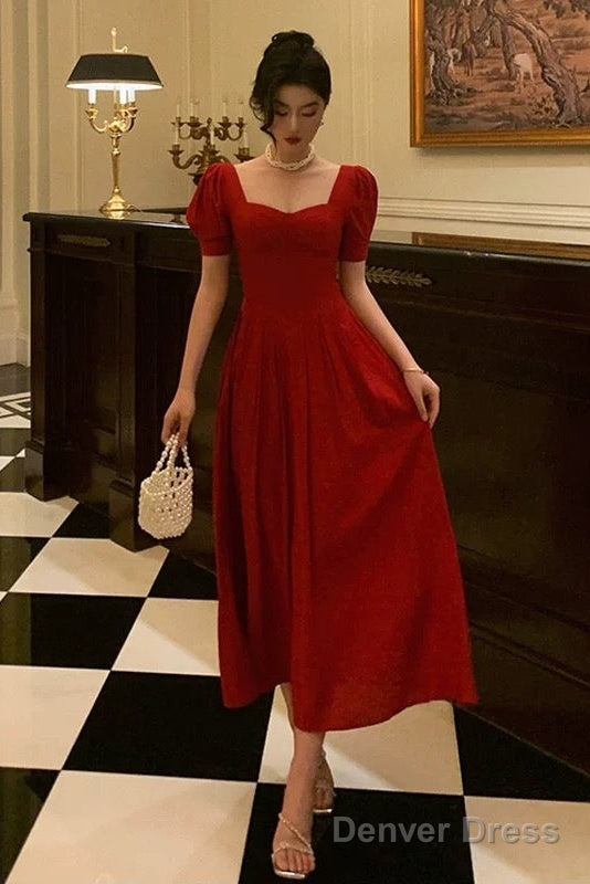 Pretty A Line Square Neckline Red Short Sleeves Date Night Dress Prom Dresses Birthday Prom Outfit