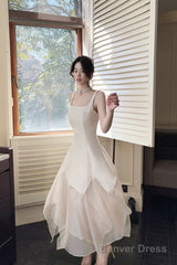 Pretty A Line Square Neckline White Ankle Length Evening Dress Prom Dresses