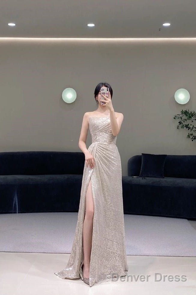 Pretty A Line Strapless Sequin Evening Dress Long Slit Prom Dresses Secondary image