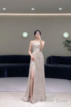 Pretty A Line Strapless Sequin Evening Dress Long Slit Prom Dresses