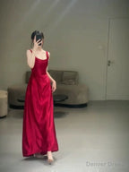 Pretty A Line Straps Red Satin Long Floor Length Prom Dresses