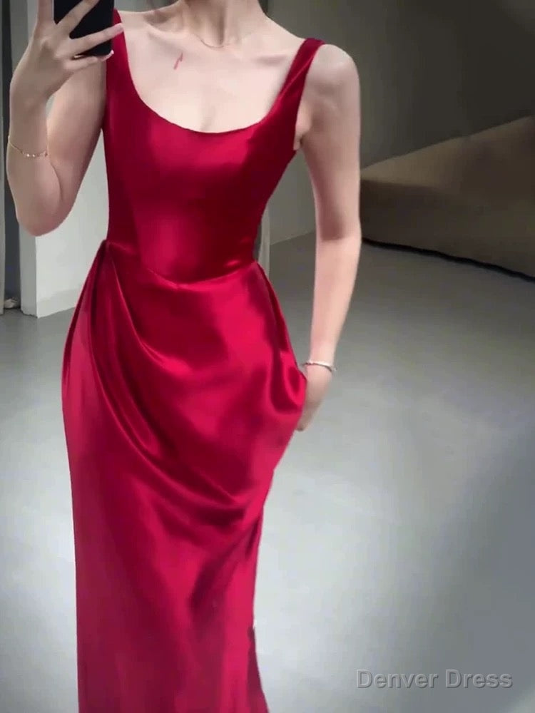 Pretty A Line Straps Red Satin Long Floor Length Prom Dresses