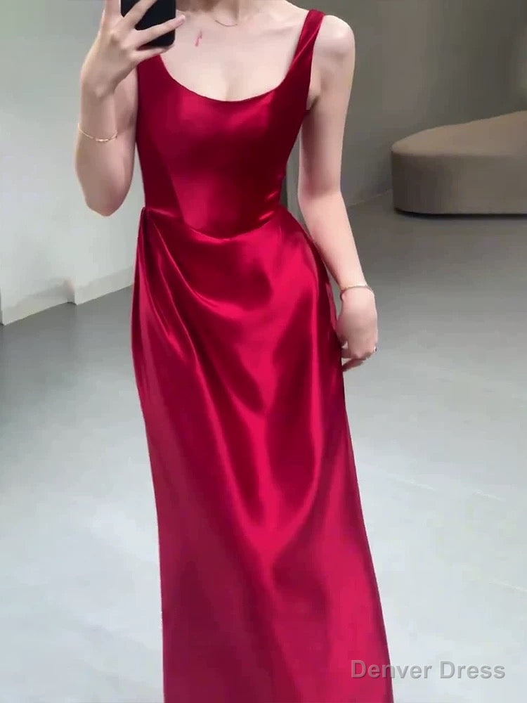Pretty A Line Straps Red Satin Long Floor Length Prom Dresses