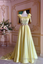 Pretty A Line Straps Satin Yellow Long Prom Dresses Formal Evening Dresses