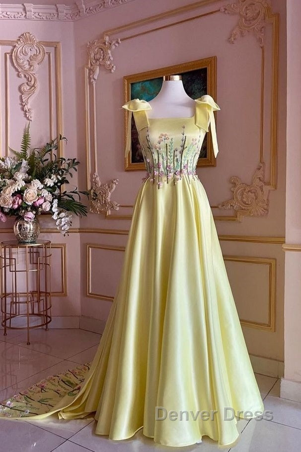 Pretty A Line Straps Satin Yellow Long Prom Dresses Formal Evening Dresses