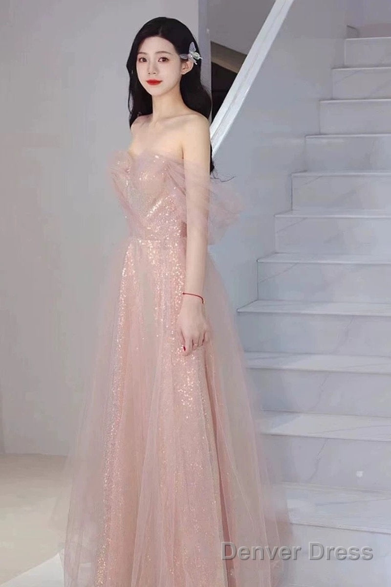 Pretty A Line Sweetheart Pink Sequin Long Length Evening Dress Prom Dresses