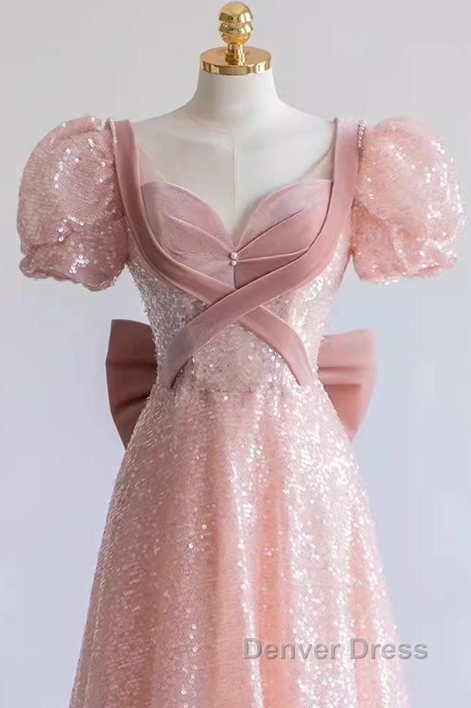 Pretty A Line Sweetheart Short Sleeves Long Evening Party Dresses Pink Prom Dresses