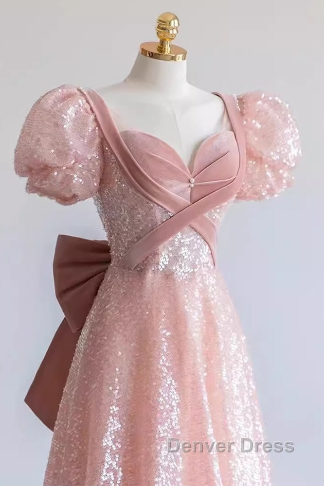 Pretty A Line Sweetheart Short Sleeves Long Evening Party Dresses Pink Prom Dresses