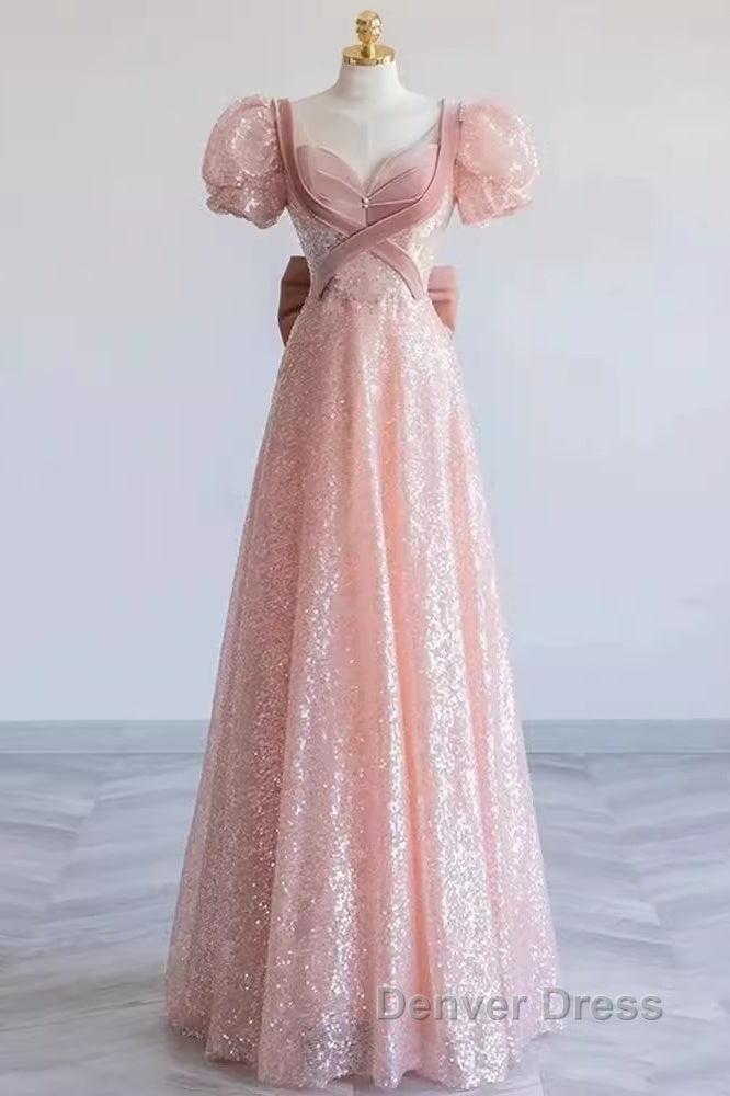 Pretty A Line Sweetheart Short Sleeves Long Evening Party Dresses Pink Prom Dresses