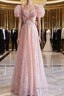 Pretty A Line Sweetheart Short Sleeves Long Evening Party Dresses Pink Prom Dresses