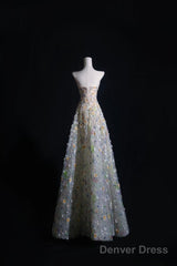 Pretty A Line Sweetheart Tulle Floral Long Prom Dresses Evening Gowns