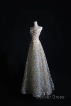 Pretty A Line Sweetheart Tulle Floral Long Prom Dresses Evening Gowns