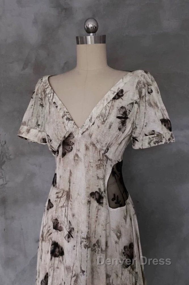 Pretty A Line V Neckline Floral Long Prom Dresses Birthday Dresses For Women