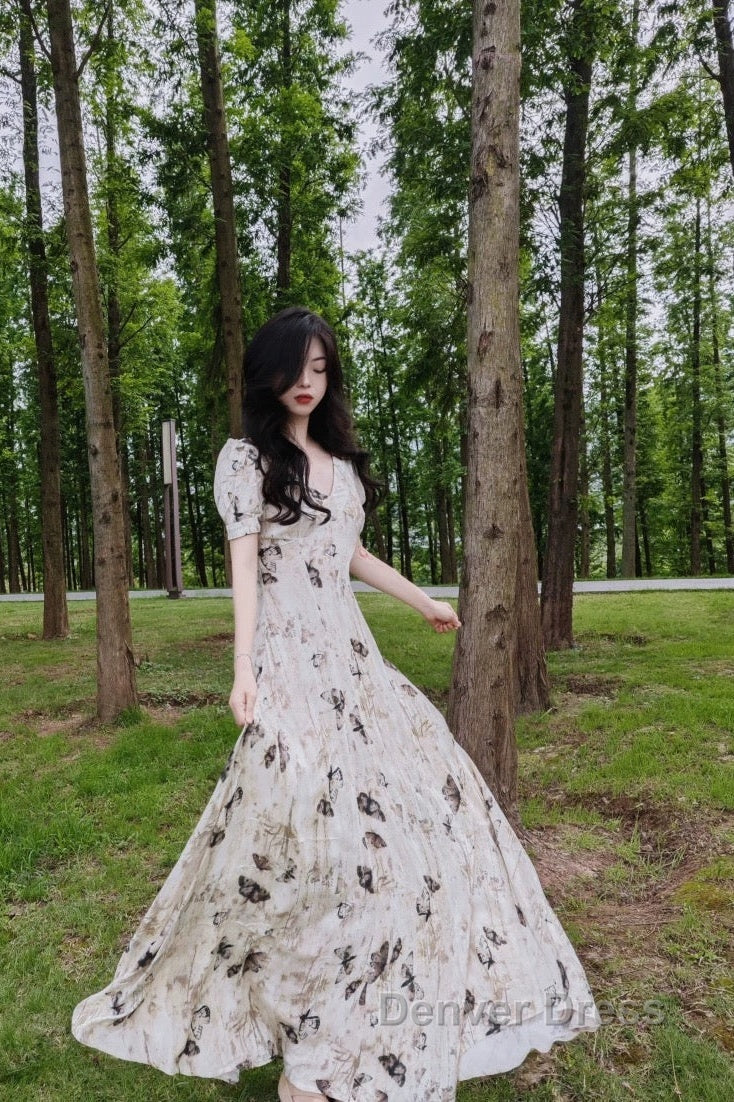 Pretty A Line V Neckline Floral Long Prom Dresses Birthday Dresses For Women