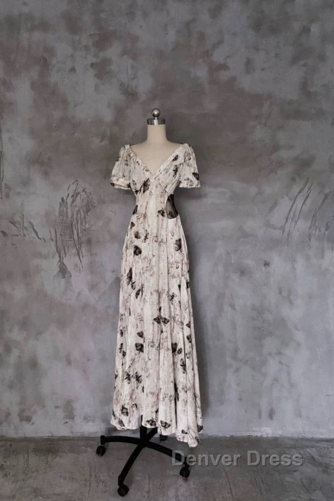 Pretty A Line V Neckline Floral Long Prom Dresses Birthday Dresses For Women