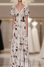 Pretty A Line V Neckline Floral Long Prom Dresses Birthday Dresses For Women