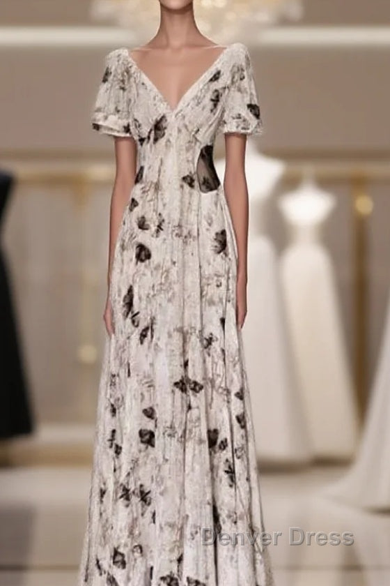 Pretty A Line V Neckline Floral Long Prom Dresses Birthday Dresses For Women