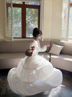 Pretty A Line V Neckline Long Sleeves Chiffon White Ankle Length Evening Dresses Prom Dresses