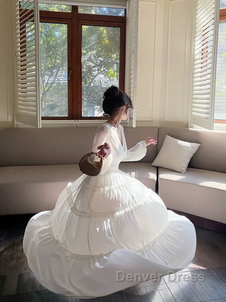 Pretty A Line V Neckline Long Sleeves Chiffon White Ankle Length Evening Dresses Prom Dresses