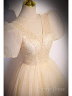 Pretty A Line V Neckline Short Sleeves Long Evening Party Dresses Prom Dresses