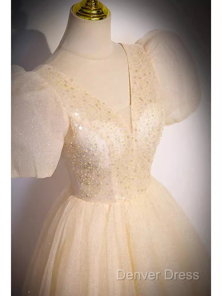 Pretty A Line V Neckline Short Sleeves Long Evening Party Dresses Prom Dresses