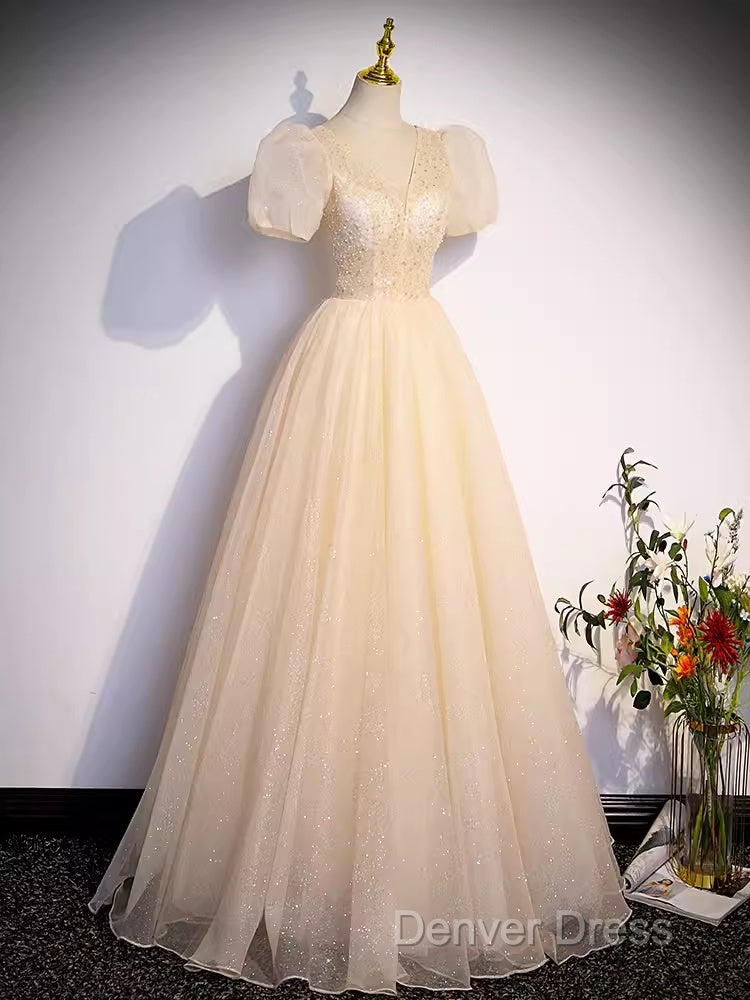 Pretty A Line V Neckline Short Sleeves Long Evening Party Dresses Prom Dresses