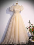 Pretty A Line V Neckline Short Sleeves Long Evening Party Dresses Prom Dresses