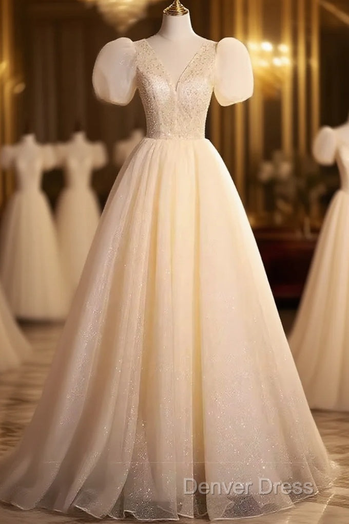 Pretty A Line V Neckline Short Sleeves Long Evening Party Dresses Prom Dresses Main image