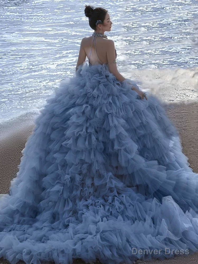 Pretty Ball Gowns High Neckline Tulle Layers Long Blue Ruffles Prom Dress Sweet 16 Dresses Secondary image