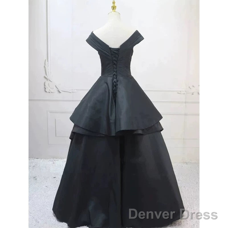 Pretty Ball Gown Off The Shoulder Black Satin Prom Dresses Evening Dress