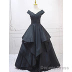 Pretty Ball Gown Off The Shoulder Black Satin Prom Dresses Evening Dress