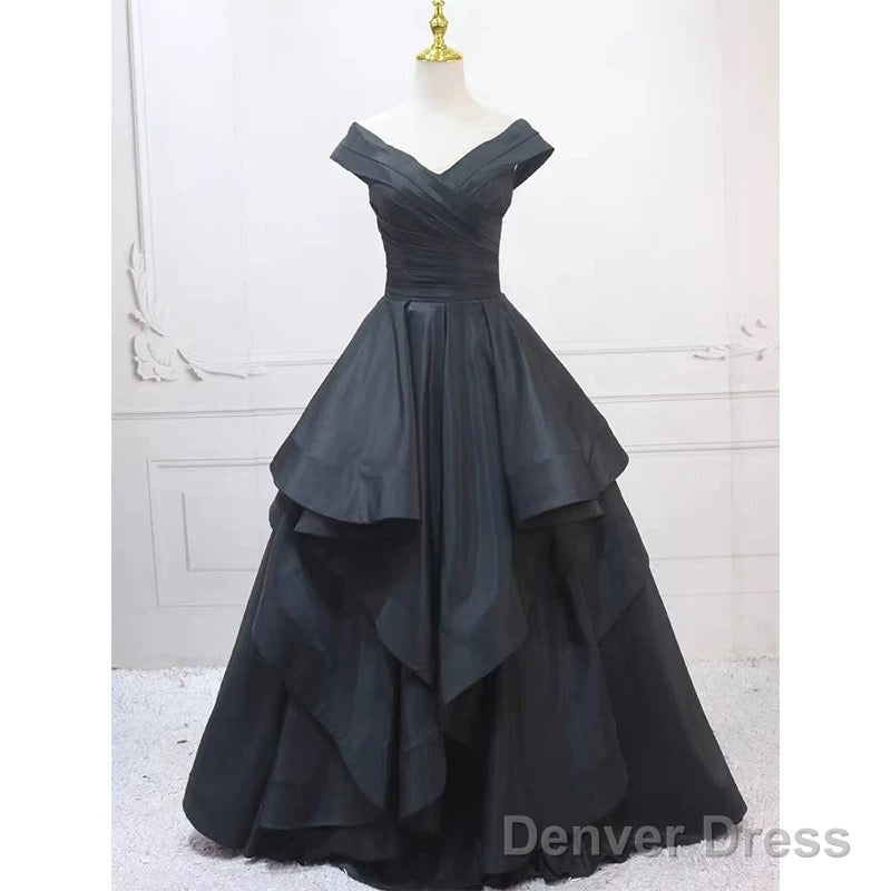 Pretty Ball Gown Off The Shoulder Black Satin Prom Dresses Evening Dress