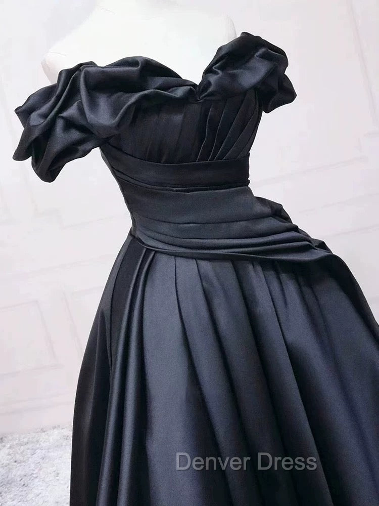 Pretty Ball Gown Off The Shoulder Black Satin Prom Dresses Evening Dresses With Pleated Secondary image