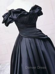 Pretty Ball Gown Off The Shoulder Black Satin Prom Dresses Evening Dresses With Pleated