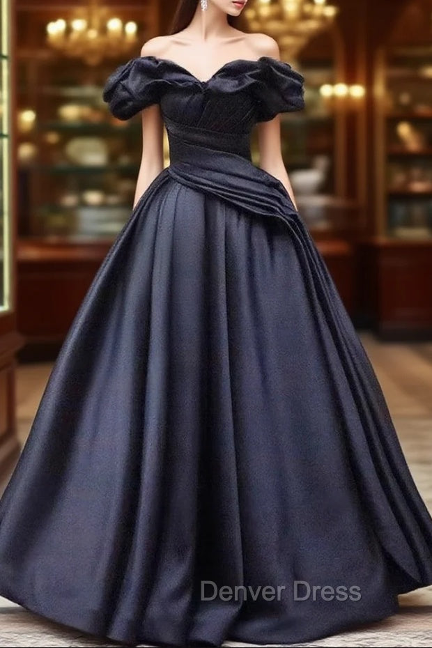 Pretty Ball Gown Off The Shoulder Black Satin Prom Dresses Evening Dresses With Pleated Main image