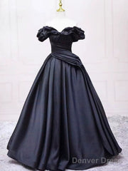 Pretty Ball Gown Off The Shoulder Black Satin Prom Dresses Evening Dress With Pleated
