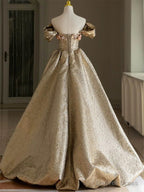 Pretty Ball Gowns Off The Shoulder Gold Satin Long Ruffles Prom Dress Sweet 16 Dresses