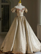 Pretty Ball Gowns Off The Shoulder Gold Satin Long Ruffles Prom Dress Sweet 16 Dresses