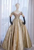 Pretty Ball Gowns Off The Shoulder Gold Satin Long Ruffles Prom Dress Sweet 16 Dresses
