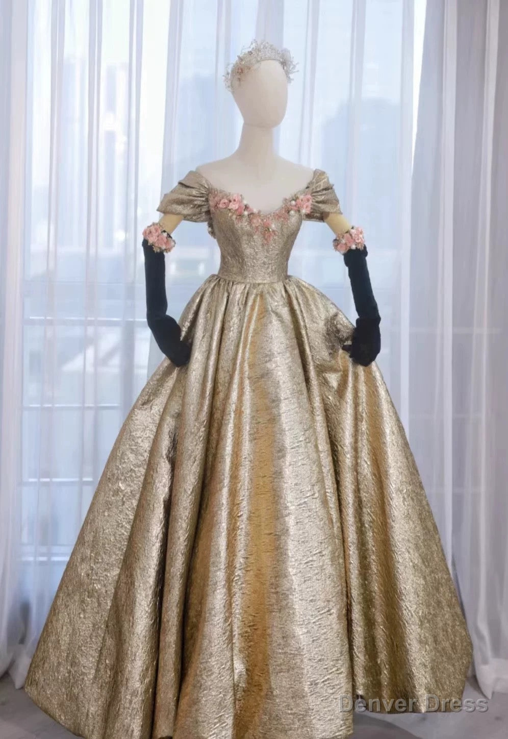 Pretty Ball Gowns Off The Shoulder Gold Satin Long Ruffles Prom Dress Sweet 16 Dresses
