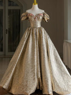 Pretty Ball Gowns Off The Shoulder Gold Satin Long Ruffles Prom Dress Sweet 16 Dresses