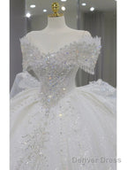 Pretty Ball Gown Off The Shoulder Short Sleeves Sequin White Wedding Dresses Brides Dress