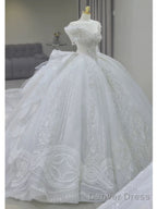Pretty Ball Gown Off The Shoulder Short Sleeves Sequin White Wedding Dresses Brides Dress