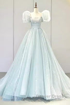 Pretty Ball Gown Square Neckline Short Sleeves Long Evening Party Dresses Prom Dresses
