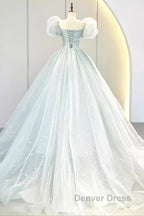 Pretty Ball Gown Square Neckline Short Sleeves Long Evening Party Dresses Prom Dresses