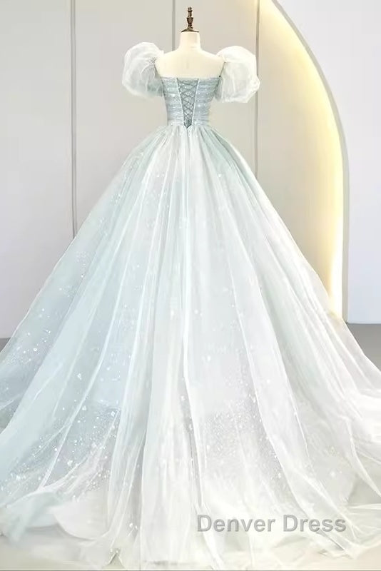 Pretty Ball Gown Square Neckline Short Sleeves Long Evening Party Dresses Prom Dresses