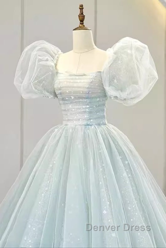 Pretty Ball Gown Square Neckline Short Sleeves Long Evening Party Dresses Prom Dresses