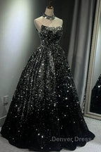 Pretty Ball Gown Strapless Black Sequin Prom Dresses Evening Dresses