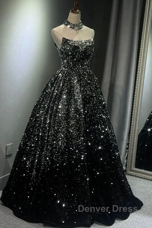 Pretty Ball Gown Strapless Black Sequin Prom Dresses Evening Dresses